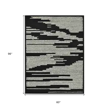 5' X 8' Black And Ivory Wool Abstract Hand Hooked Area Rug
