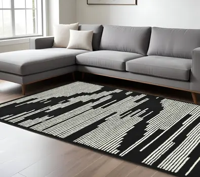 8' X 10' Black And Ivory Wool Abstract Hand Hooked Area Rug