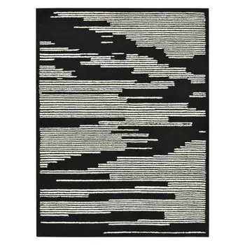 9' X 13' Black And Ivory Wool Abstract Hand Hooked Area Rug