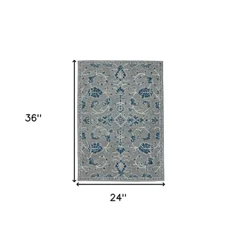 2' X 3' Gray Blue And Ivory Wool Floral Medallion Hand Hooked Area Rug