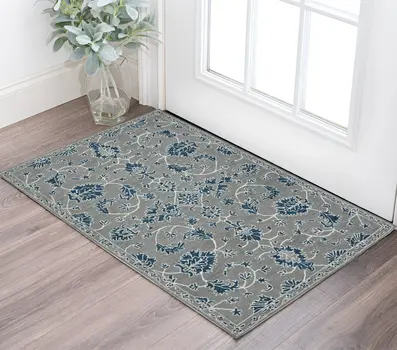 2' X 3' Gray Blue And Ivory Wool Floral Medallion Hand Hooked Area Rug