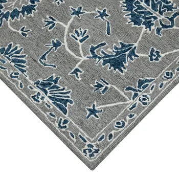 8' X 10' Gray Blue And Ivory Wool Floral Medallion Hand Hooked Area Rug