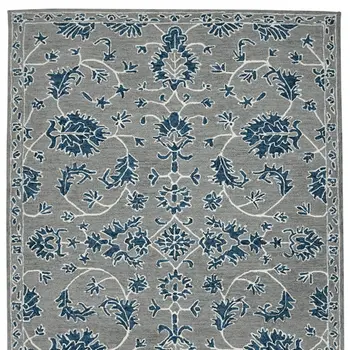 8' X 10' Gray Blue And Ivory Wool Floral Medallion Hand Hooked Area Rug