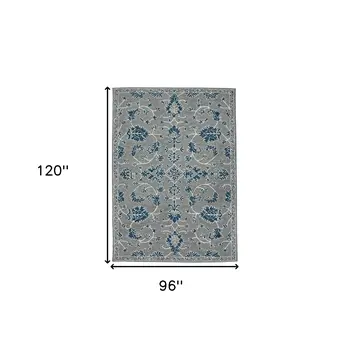 8' X 10' Gray Blue And Ivory Wool Floral Medallion Hand Hooked Area Rug