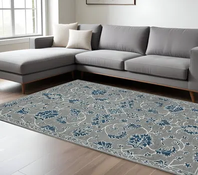 8' X 10' Gray Blue And Ivory Wool Floral Medallion Hand Hooked Area Rug