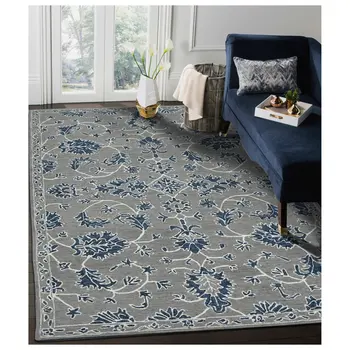 9' X 13' Gray Blue And Ivory Wool Floral Medallion Hand Hooked Area Rug