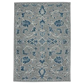 9' X 13' Gray Blue And Ivory Wool Floral Medallion Hand Hooked Area Rug