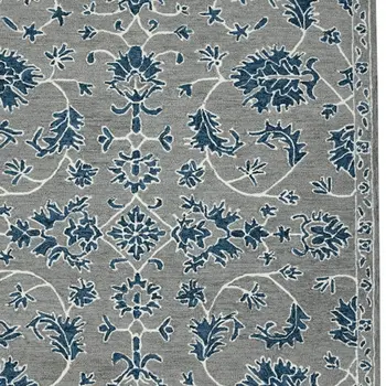 9' X 13' Gray Blue And Ivory Wool Floral Medallion Hand Hooked Area Rug