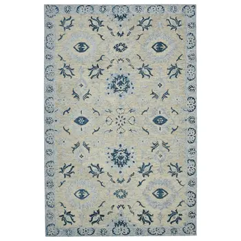 2' X 3' Gray Dark Blue And Light Blue Wool Floral Medallion Hand Hooked Area Rug