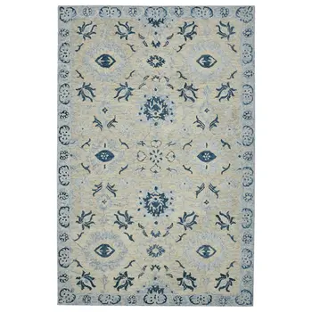 2' X 3' Gray Dark Blue And Light Blue Wool Floral Medallion Hand Hooked Area Rug
