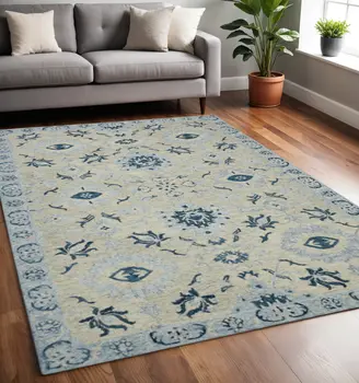 5' X 8' Gray Dark Blue And Light Blue Wool Floral Medallion Hand Hooked Area Rug