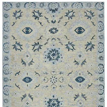 5' X 8' Gray Dark Blue And Light Blue Wool Floral Medallion Hand Hooked Area Rug