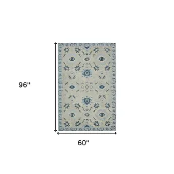 5' X 8' Gray Dark Blue And Light Blue Wool Floral Medallion Hand Hooked Area Rug
