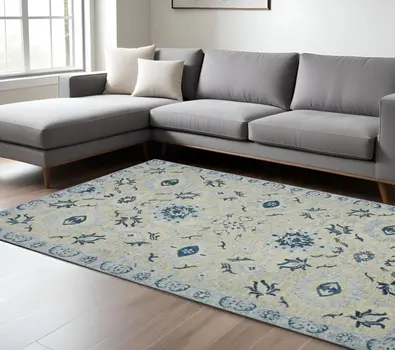 8' X 10' Gray Dark Blue And Light Blue Wool Floral Medallion Hand Hooked Area Rug