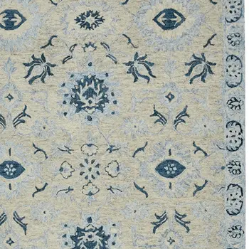 8' X 10' Gray Dark Blue And Light Blue Wool Floral Medallion Hand Hooked Area Rug