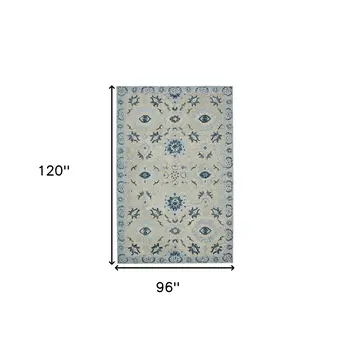 8' X 10' Gray Dark Blue And Light Blue Wool Floral Medallion Hand Hooked Area Rug