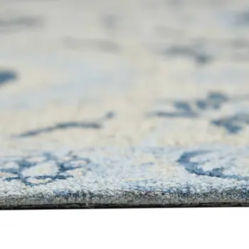 9' X 13' Gray Dark Blue And Light Blue Wool Floral Medallion Hand Hooked Area Rug