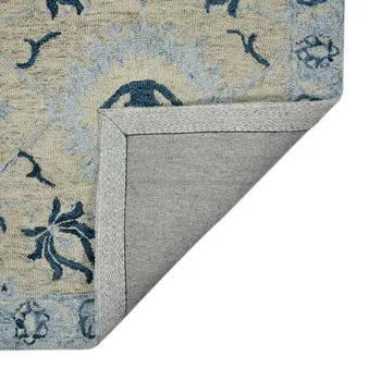9' X 13' Gray Dark Blue And Light Blue Wool Floral Medallion Hand Hooked Area Rug