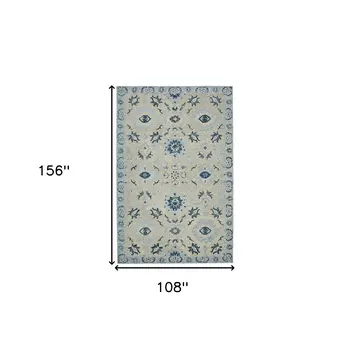 9' X 13' Gray Dark Blue And Light Blue Wool Floral Medallion Hand Hooked Area Rug