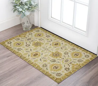 2' X 3' Gold Beige And Brown Wool Floral Medallion Hand Hooked Area Rug