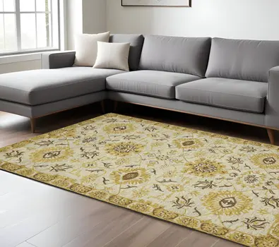 8' X 10' Gold Beige And Brown Wool Floral Medallion Hand Hooked Area Rug