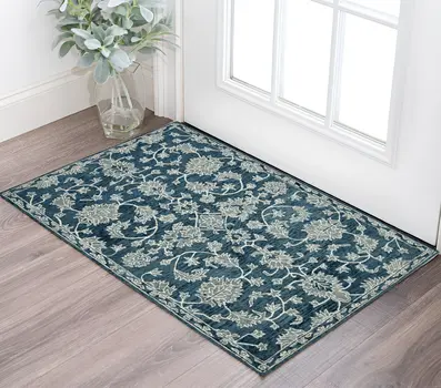 2' X 3' Teal Gray And Ivory Wool Floral Medallion Hand Hooked Area Rug