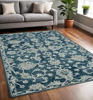 5' X 8' Teal Gray And Ivory Wool Floral Medallion Hand Hooked Area Rug