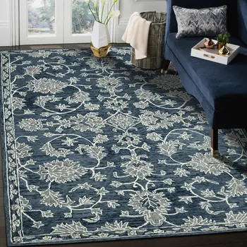 5' X 8' Teal Gray And Ivory Wool Floral Medallion Hand Hooked Area Rug
