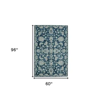 5' X 8' Teal Gray And Ivory Wool Floral Medallion Hand Hooked Area Rug
