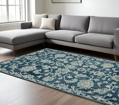 8' X 10' Teal Gray And Ivory Wool Floral Medallion Hand Hooked Area Rug