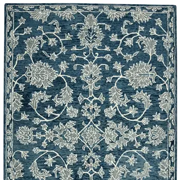 8' X 10' Teal Gray And Ivory Wool Floral Medallion Hand Hooked Area Rug