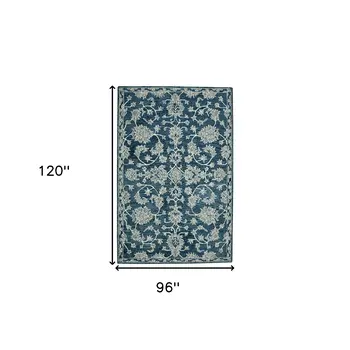 8' X 10' Teal Gray And Ivory Wool Floral Medallion Hand Hooked Area Rug