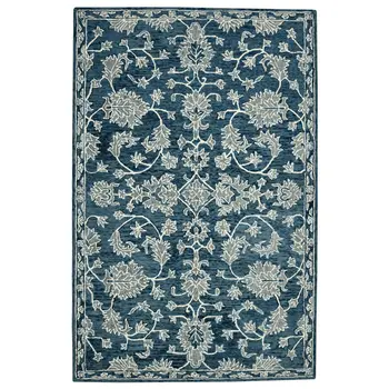 9' X 13' Teal Gray And Ivory Wool Floral Medallion Hand Hooked Area Rug
