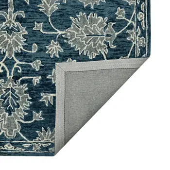 9' X 13' Teal Gray And Ivory Wool Floral Medallion Hand Hooked Area Rug