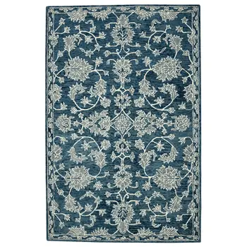 9' X 13' Teal Gray And Ivory Wool Floral Medallion Hand Hooked Area Rug