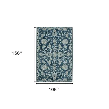 9' X 13' Teal Gray And Ivory Wool Floral Medallion Hand Hooked Area Rug