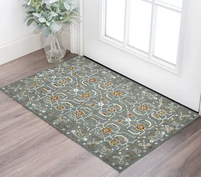 2' X 3' Orange Gray And Ivory Wool Floral Medallion Hand Hooked Area Rug