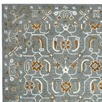 5' X 8' Orange Gray And Ivory Wool Floral Medallion Hand Hooked Area Rug