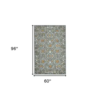 5' X 8' Orange Gray And Ivory Wool Floral Medallion Hand Hooked Area Rug