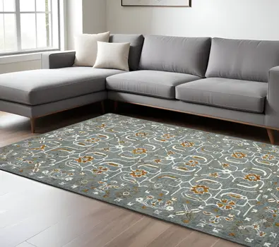 8' X 10' Orange Gray And Ivory Wool Floral Medallion Hand Hooked Area Rug