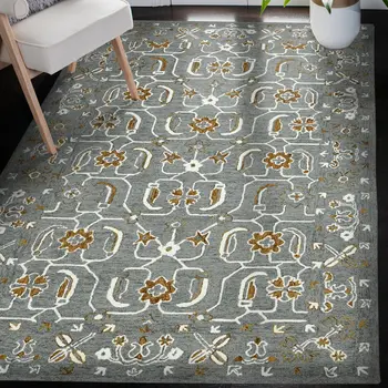 9' X 13' Orange Gray And Ivory Wool Floral Medallion Hand Hooked Area Rug