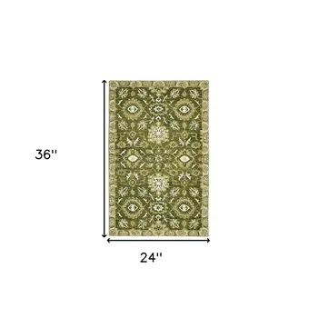2' X 3' Olive Green Ivory And Light Brown Wool Floral Medallion Hand Hooked Area Rug