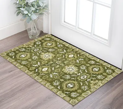 2' X 3' Olive Green Ivory And Light Brown Wool Floral Medallion Hand Hooked Area Rug