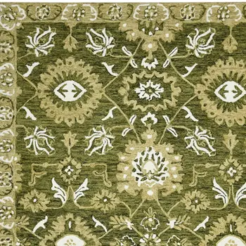 8' X 10' Olive Green Ivory And Light Brown Wool Floral Medallion Hand Hooked Area Rug