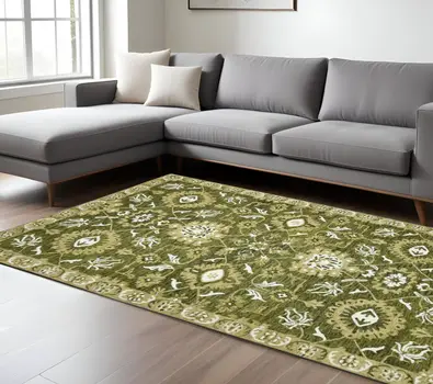 8' X 10' Olive Green Ivory And Light Brown Wool Floral Medallion Hand Hooked Area Rug
