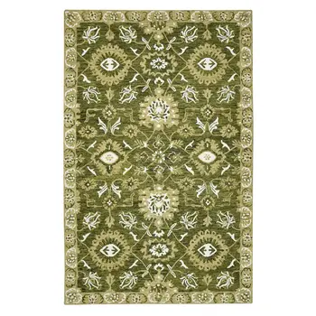 9' X 13' Olive Green Ivory And Light Brown Wool Floral Medallion Hand Hooked Area Rug