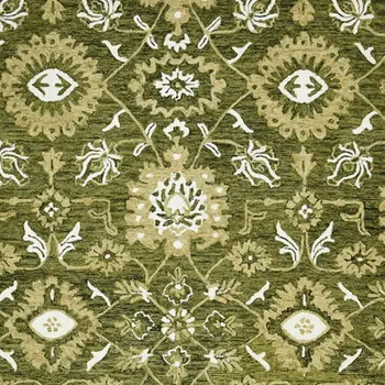 9' X 13' Olive Green Ivory And Light Brown Wool Floral Medallion Hand Hooked Area Rug