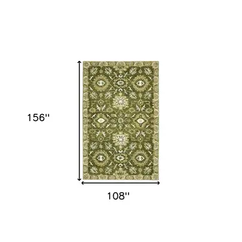 9' X 13' Olive Green Ivory And Light Brown Wool Floral Medallion Hand Hooked Area Rug