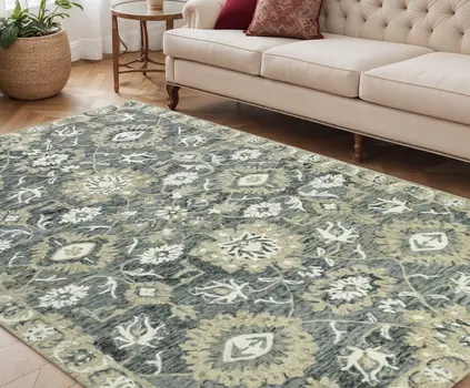 5' X 8' Gray Ivory And Beige Wool Floral Medallion Hand Hooked Area Rug