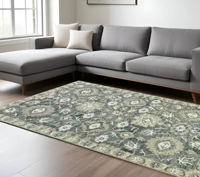 8' X 10' Gray Ivory And Beige Wool Floral Medallion Hand Hooked Area Rug